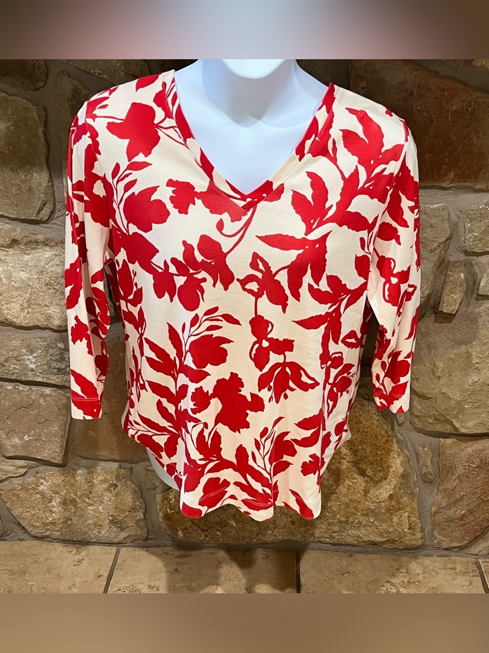Chico’s Red & Cream Floral Leaf Knit Top Blouse Womens XL 16 100% Pima Cotton